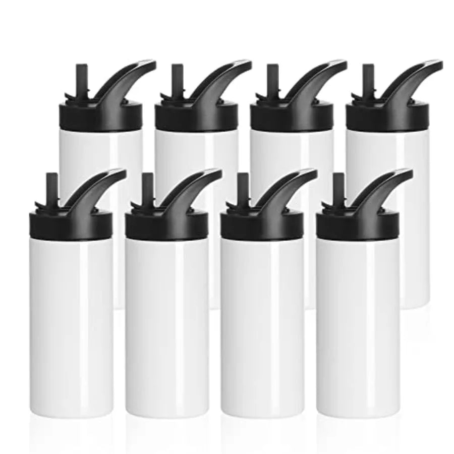4 Pack Sublimation Sports Water Bottle Blanks 16 OZ White Stainless Steel Vacuum Flask Tumblers Cups with Sippy Up Lid and Stra