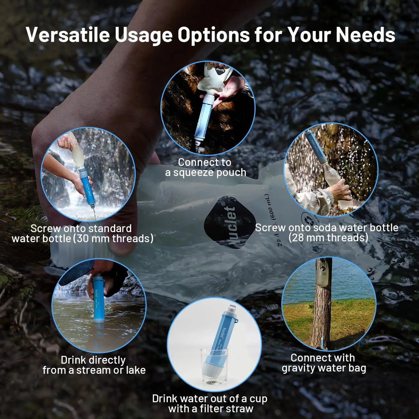 Gravity Water Filter System for Hiking, Camping, Travel, and Emergency Preparedness (1 Gravity Bag, 3 Water Filter Straw, 1 Squeezable Water Pouch)