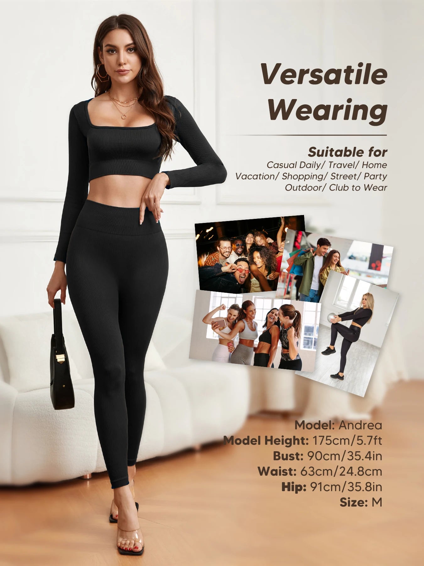 Women Workout Sets 2 Pieces Long Sleeve Yoga Outfits Gym Clothes Seamless Ribbed Crop Top High Waist Leggings