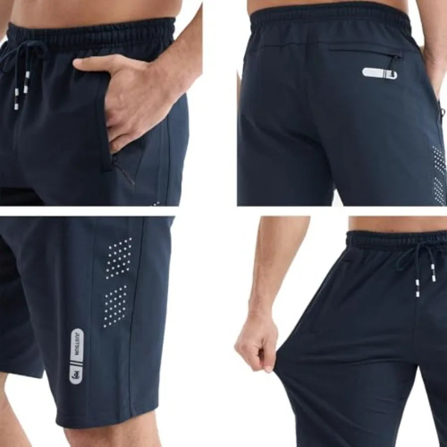 Mens Shorts Casual Gym Athletic Workout Running Sweat Cotton Stretch Shorts with Zipper Pockets Basketball Tennis