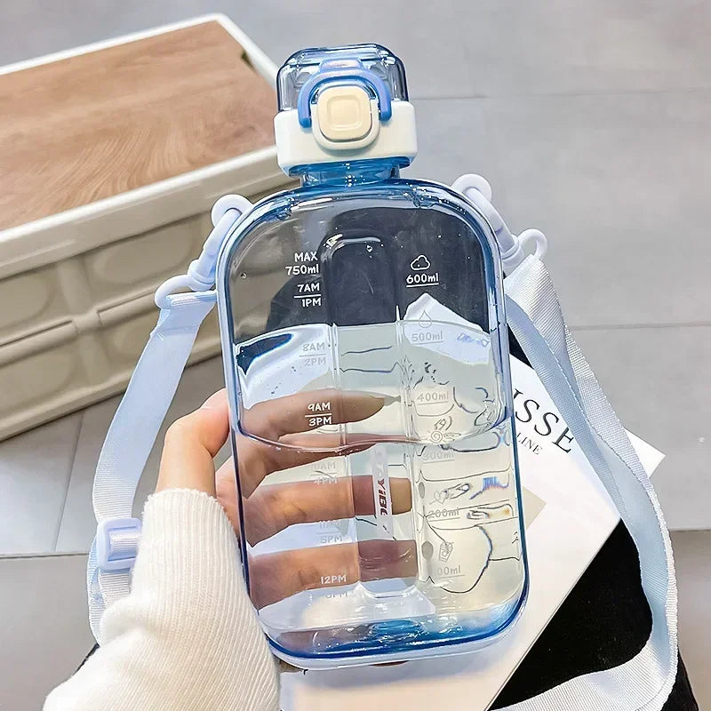 Flat Square Transparent Water Bottle With Adjustable Strap For Travel