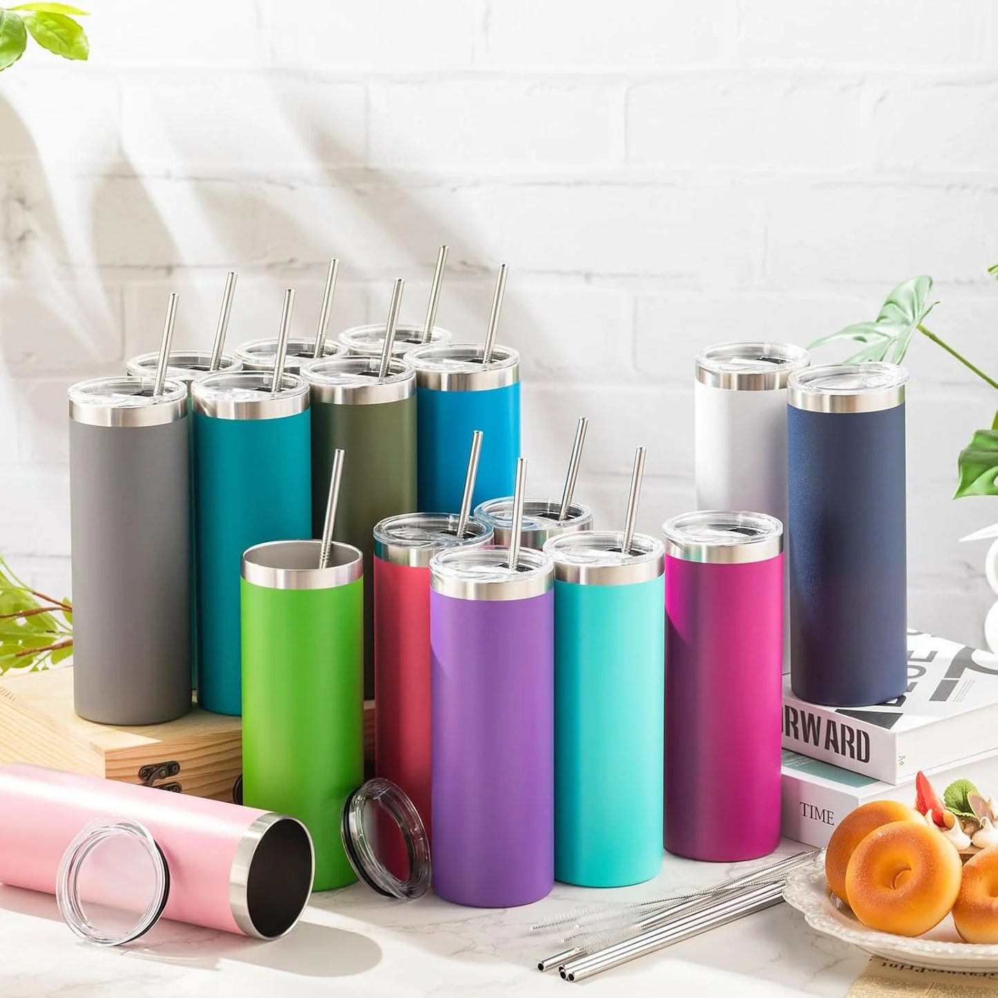 32-Pack Slim Insulated Tumblers With Lids And Straws Stainless Steel