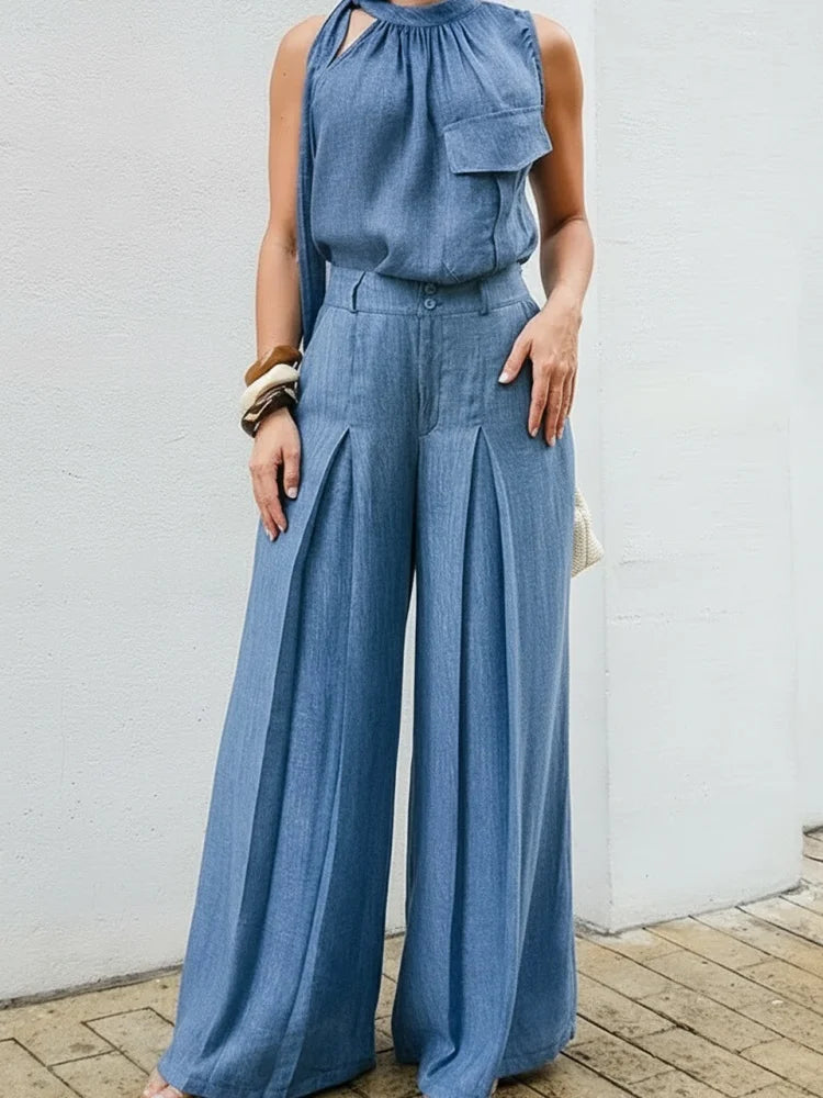 Pant Suit Halter Neck Tie Sleeveless Chest Pocket High Waist Pleated Wide Leg Trousers Matching Outfit For Women Vacation Daily Elegant Wear