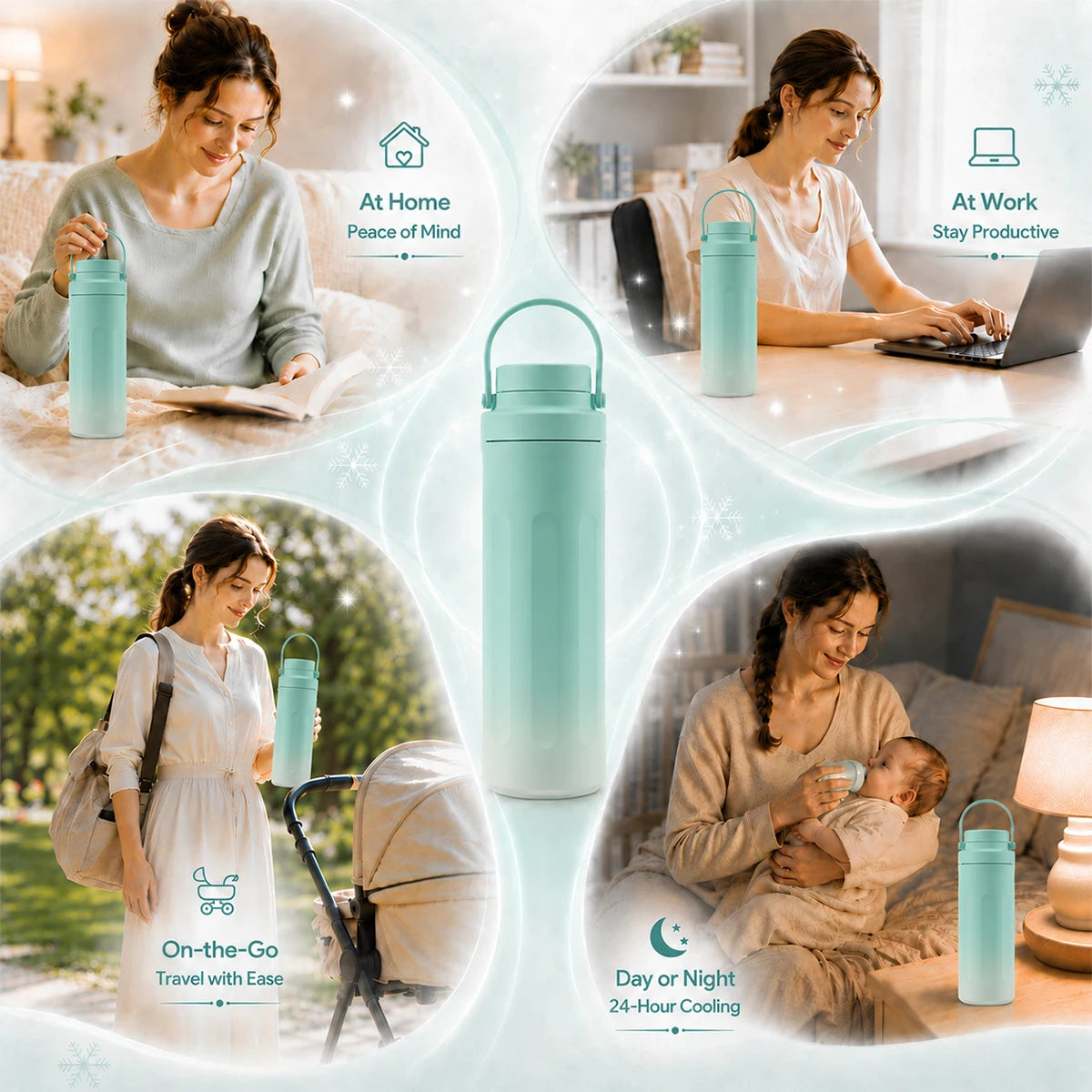 Kmaier Portable Breast Milk Cooler Bottle, 24‑Hour Cold Retention Breastmilk Chiller with 2Pcs 300ml Reusable Milk Storage Bottles, Leak‑Proof Travel Breastmilk Container for Working Moms Outdoor On‑the‑Go Breastfeedi