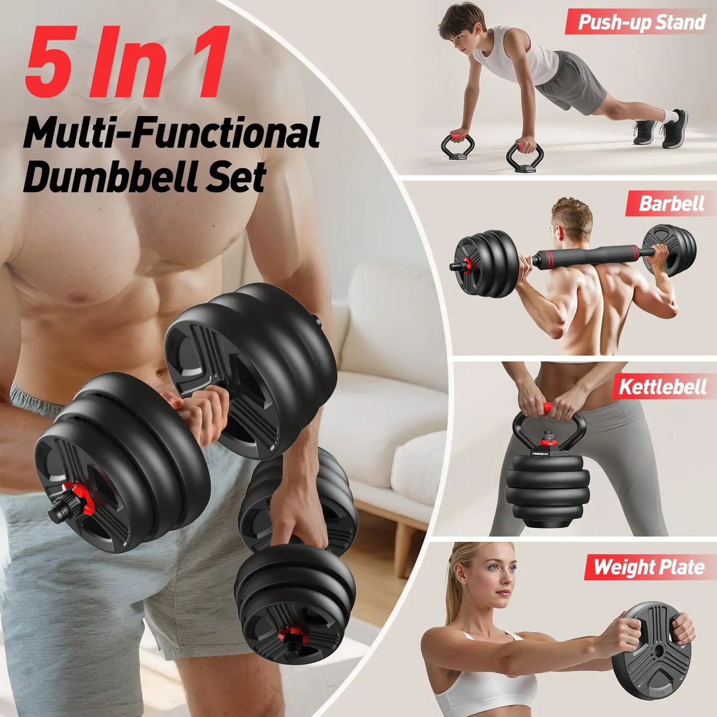 FITPLAM Adjustable 5 in 1 Free Weights Set, 20/35/45/70/90LB Dumbbell Set, Convertible to Barbell Kettlebell Push Up Stand