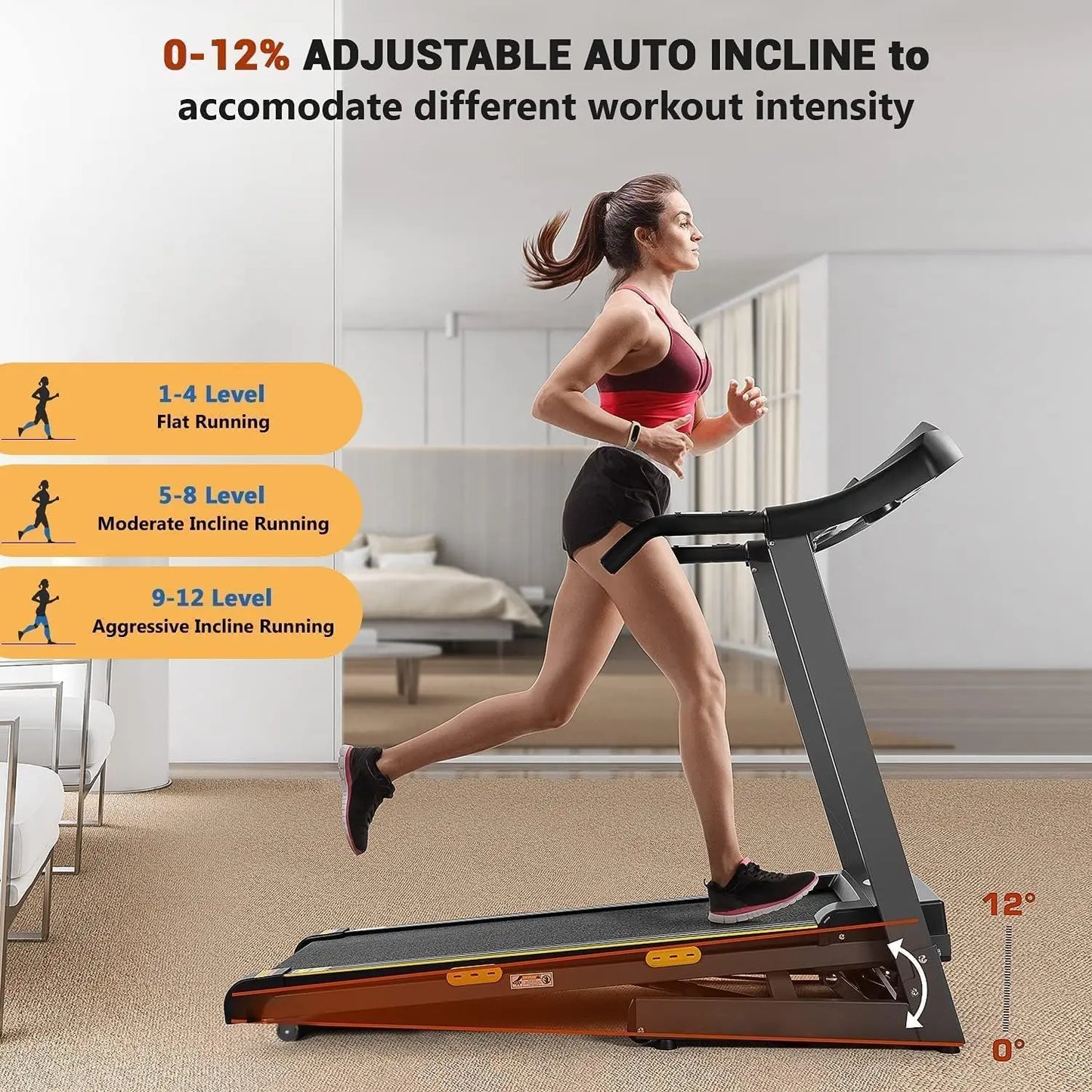 Auto Incline Treadmill With 2.5HP Motor, 8.5 MPH, 15 Programs