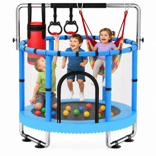 Kids Indoor Trampoline with Safety Enclosure Net, Multifunctional Toddler Trampoline with Adjustable Horizontal Bar, Swing, Punching Bag & Gym Rings, Anti-tip Suction Cups Mini Trampoline for Home Play
