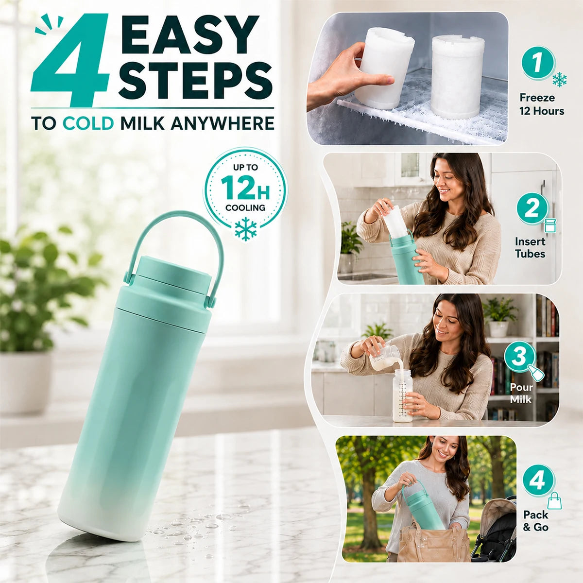 Kmaier Portable Breast Milk Cooler Bottle, 24‑Hour Cold Retention Breastmilk Chiller with 2Pcs 300ml Reusable Milk Storage Bottles, Leak‑Proof Travel Breastmilk Container for Working Moms Outdoor On‑the‑Go Breastfeedi
