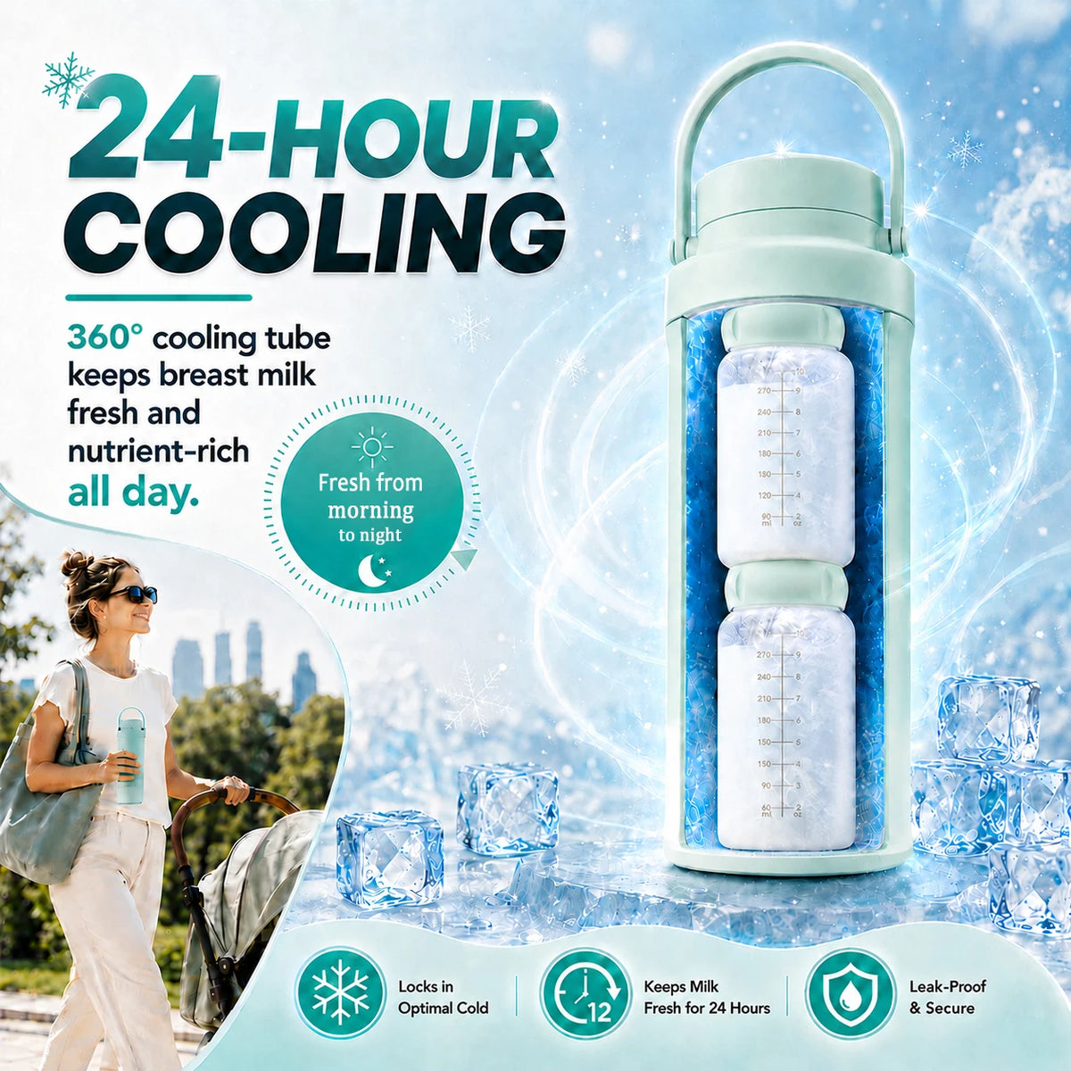 Kmaier Portable Breast Milk Cooler Bottle, 24‑Hour Cold Retention Breastmilk Chiller with 2Pcs 300ml Reusable Milk Storage Bottles, Leak‑Proof Travel Breastmilk Container for Working Moms Outdoor On‑the‑Go Breastfeedi