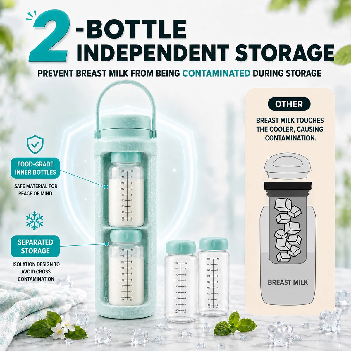 Kmaier Portable Breast Milk Cooler Bottle, 24‑Hour Cold Retention Breastmilk Chiller with 2Pcs 300ml Reusable Milk Storage Bottles, Leak‑Proof Travel Breastmilk Container for Working Moms Outdoor On‑the‑Go Breastfeedi