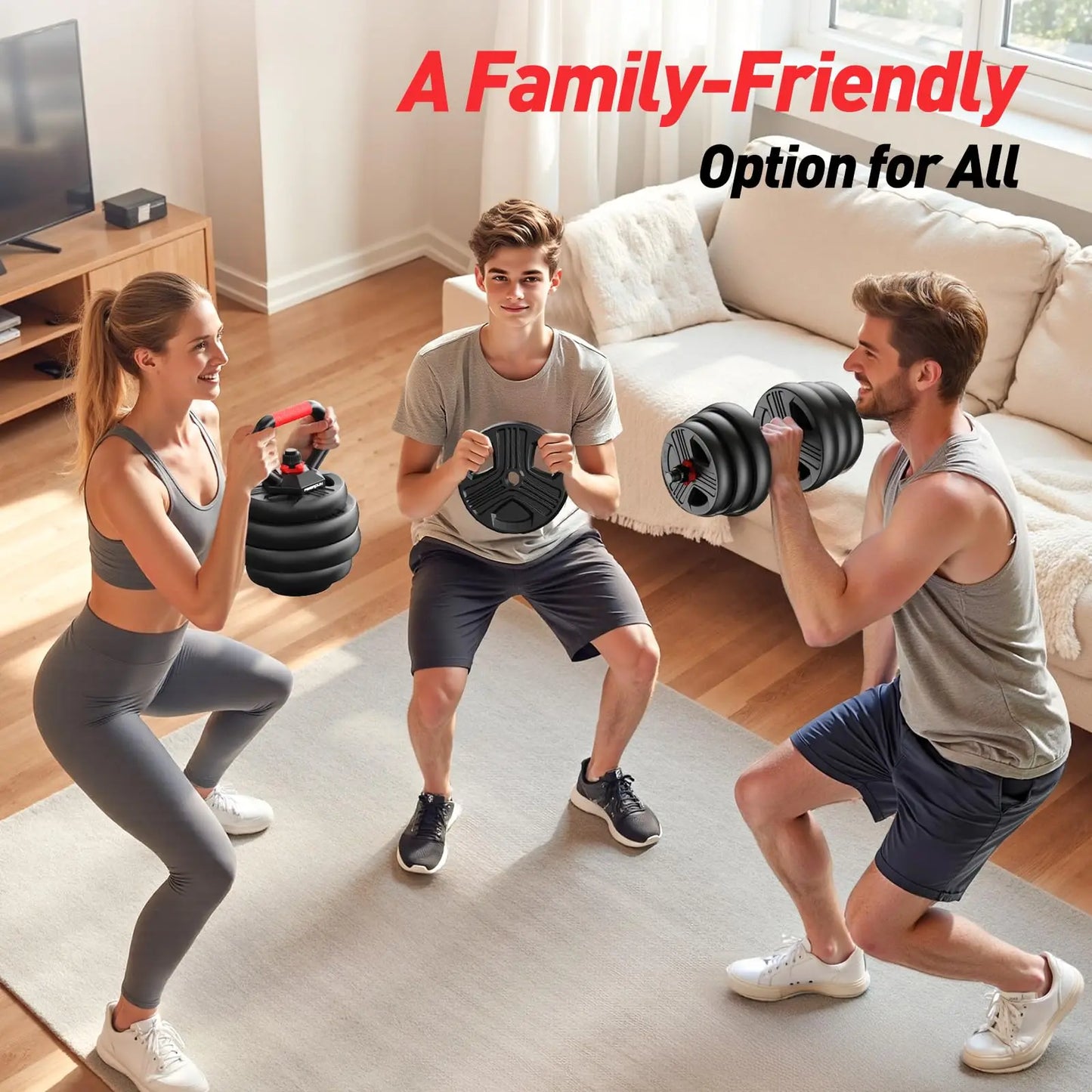 FITPLAM Adjustable 5 in 1 Free Weights Set, 20/35/45/70/90LB Dumbbell Set, Convertible to Barbell Kettlebell Push Up Stand