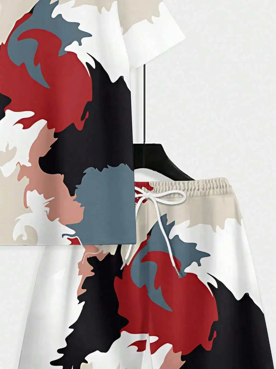 Mens Summer Two Piece Set With Abstract Print Breathable Sportswear