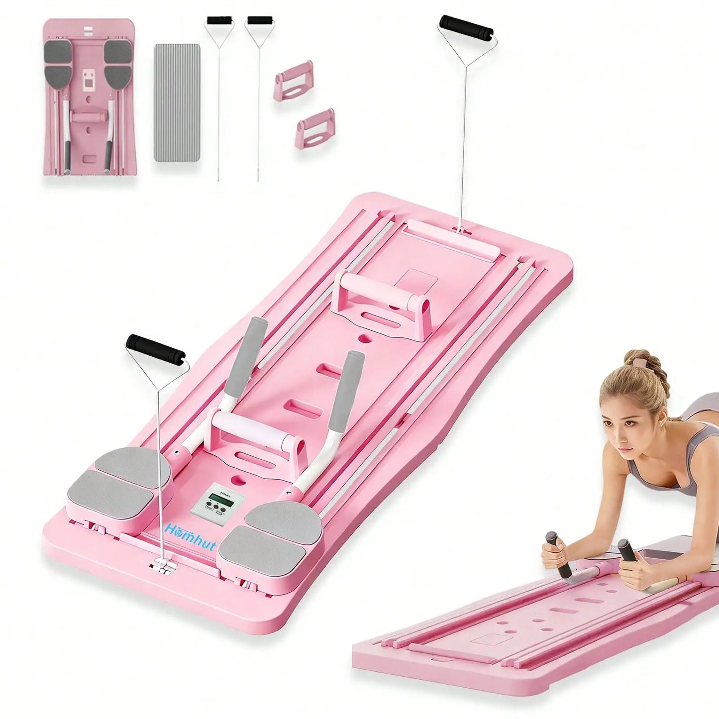Pilates Sliding Board Foldable Fitness Reformer Platform Home Workout Equipment with Resistance Bands Abdominal Leg Training Machine Multifunctional Yoga Exercise Board Portable Full Body Workout Pilates Board