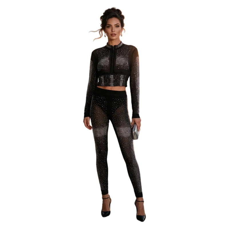 Women's Rhinestone Mesh Crop Top And Sheer Pants Party Set