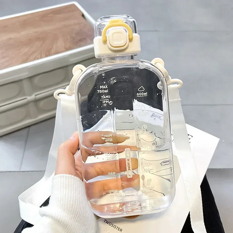 Flat Square Transparent Water Bottle With Adjustable Strap For Travel