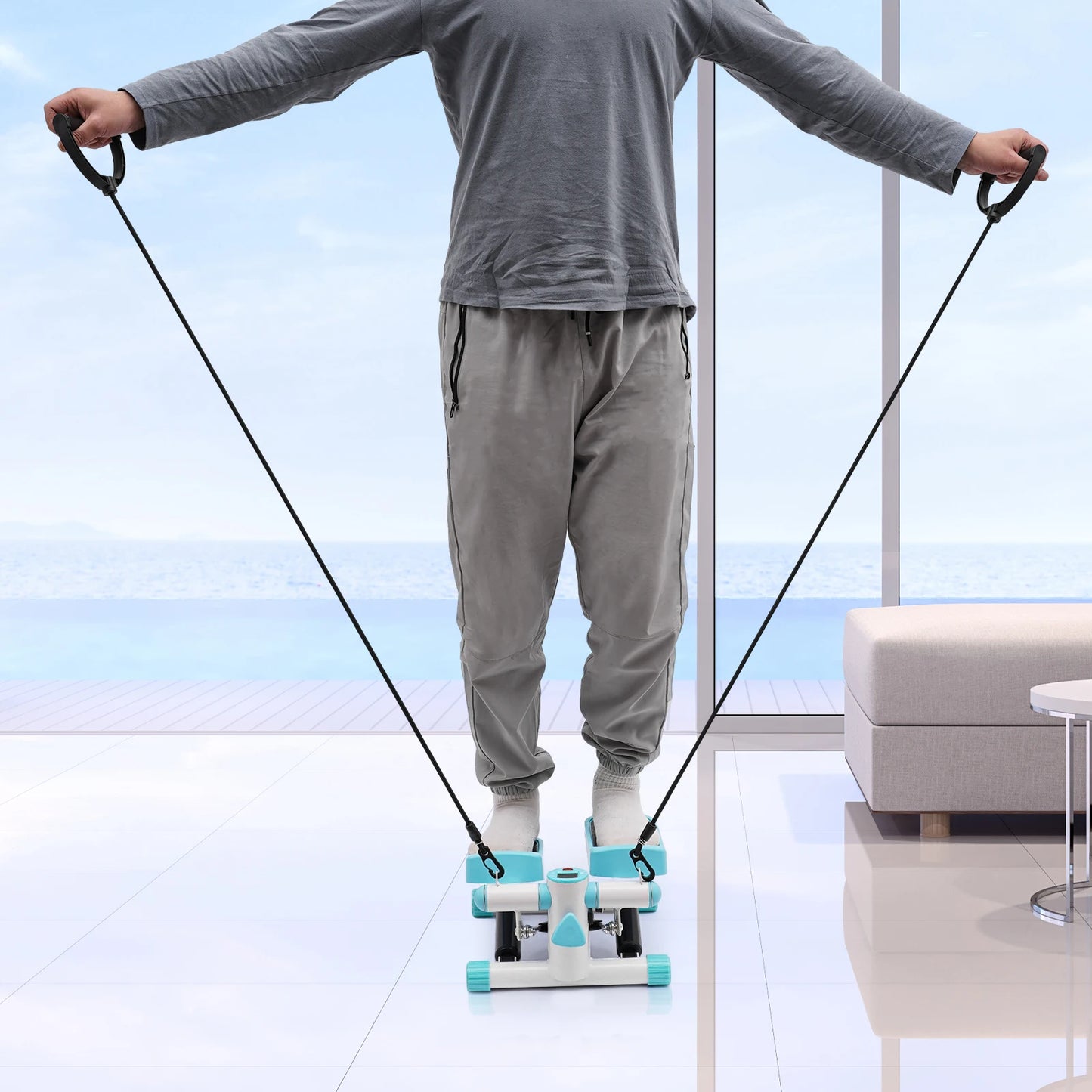 Mini Stepper with Resistance Bands, Hydraulic Quiet Fitness Stepper Machine for Home Office, LCD Display, Adjustable 150kg Capacity, Portable Exercise Equipment for Weight Loss Toning
