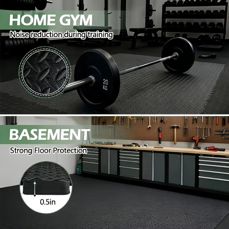 60pcs,11.8x11.8 Inch Interlocking EVA Foam Puzzle Floor Tiles, 1/2 Inch Thick Anti-Slip Shock Absorbing Gym Exercise Mats, Waterproof Noise Reduction Floor Padding with Border Strips for Home Gym Yoga Treadmill Garage Worksho