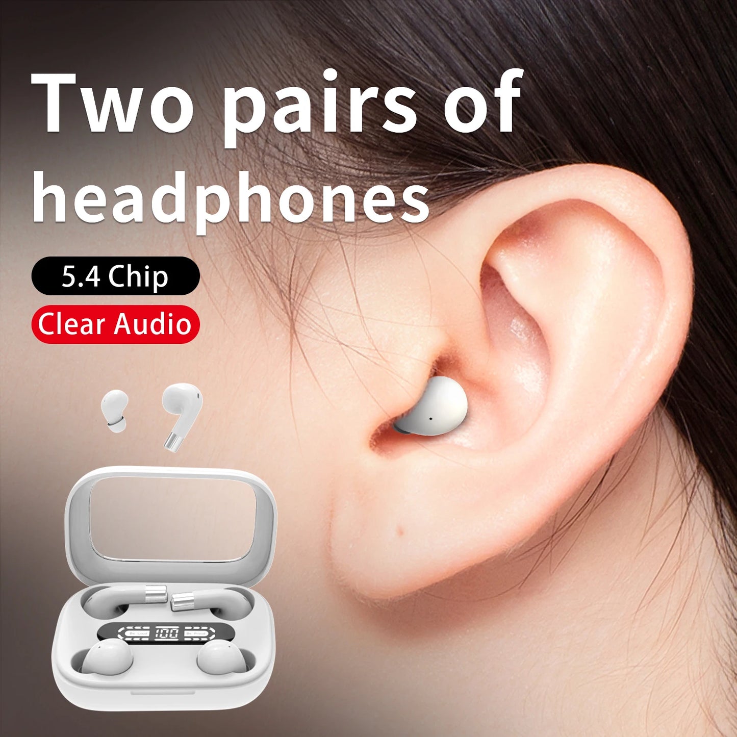 2in1 Wireless Headphones Bluetooth Earphones, Mini Sleeping Earbuds, Dual Sound Bass HIFI 4D Effects Headset, Intelligent Noise Reduction Wireless Earphone, Office, Leisure, Sports, Sleep, Essential Partners, Ultra Long Batte