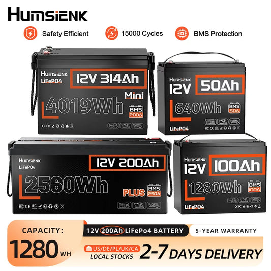 Humsienk 12V 100Ah 150Ah 200Ah 314Ah LiFePO4 Battery Built-in BMS Low Temperature Protection For  RV/ Camp/ Solar Energy Storage