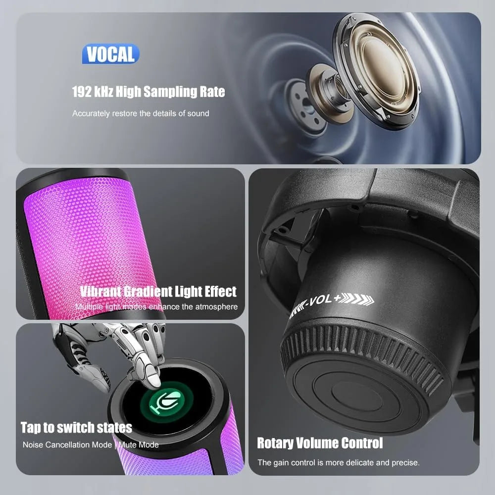 RGB USB Streaming Microphone for PC and Console Gaming with Quick Mute Feature