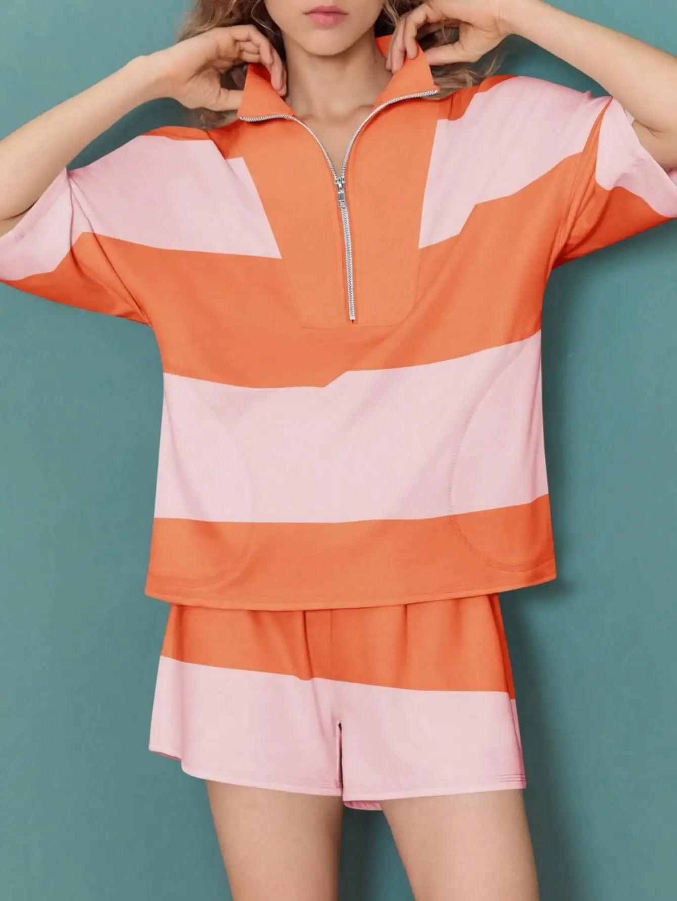Fisoew Casual Y2K Colorblock Half Zip Sweatshirt & High Waisted Shorts Set | 2025 Tracksuit Gym Wear Lounge Tennis Aesthetic Set