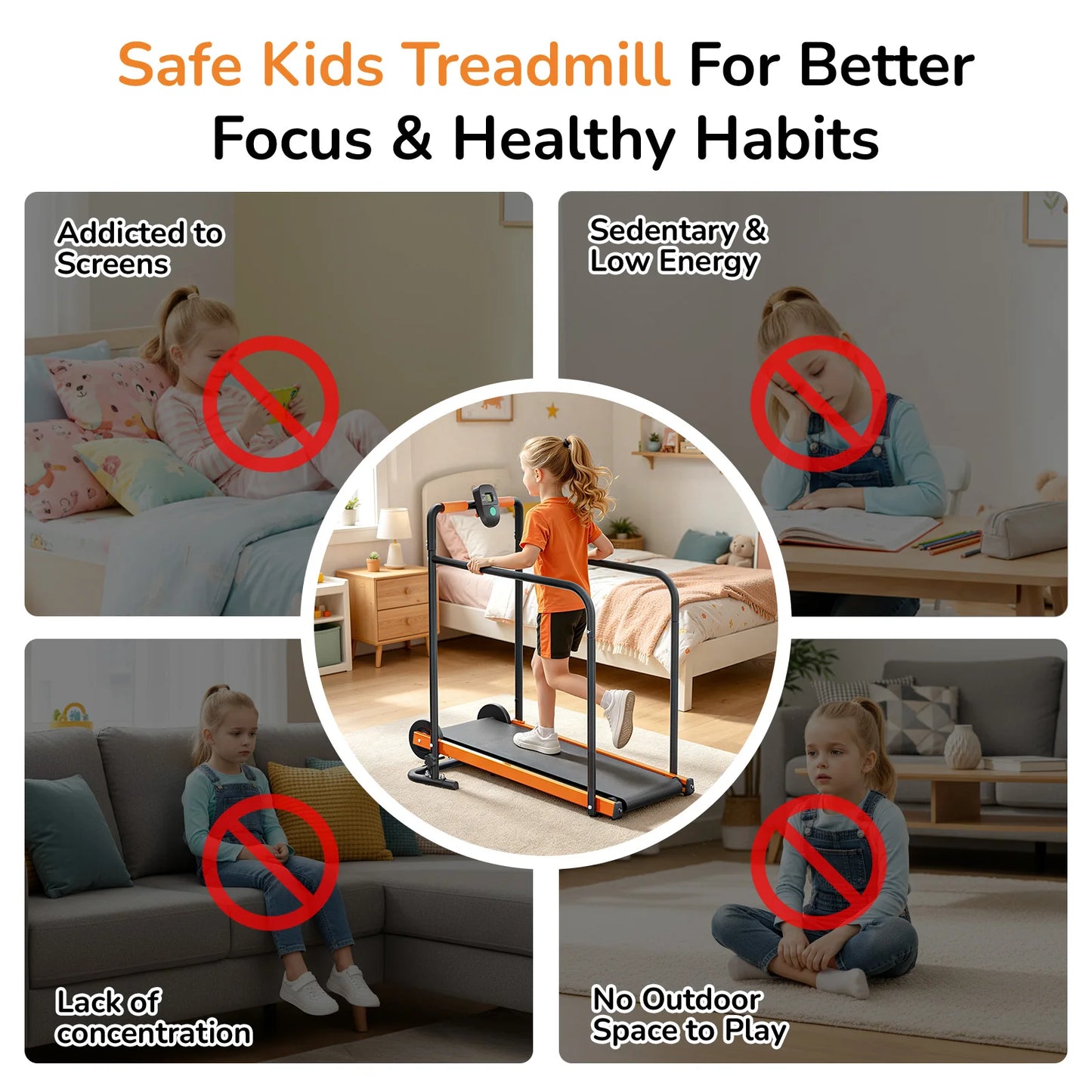 AKLUER Kids Walking Pad Treadmill - Non-Electric Indoor Exercise Equipment for Boys & Girls, Self-Propelled Fitness Toy with Front Padded Rails, Safe Active Play Gym for Home Use