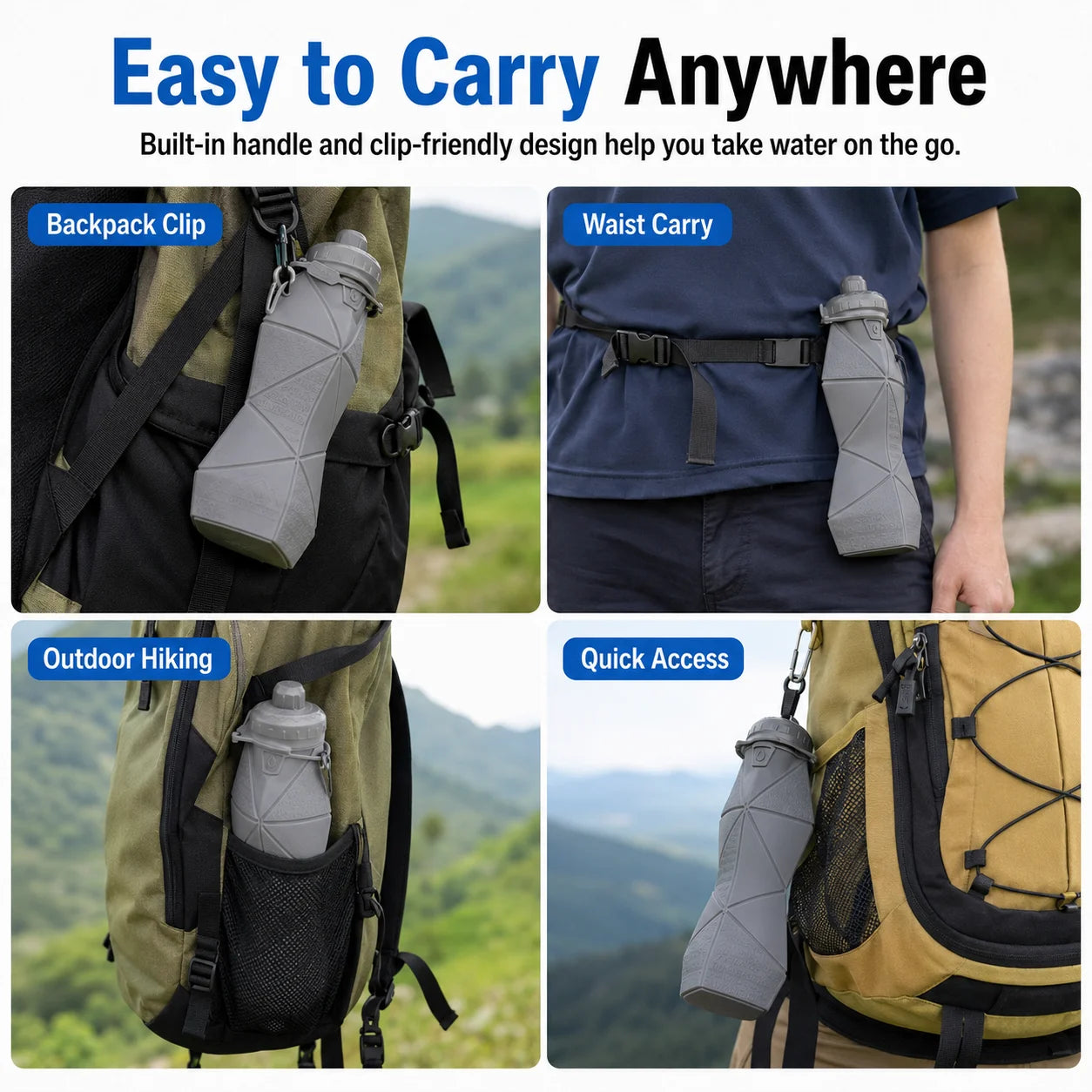 Foldable Silicone Water Bottle Leakproof Portable Sports Drinkware Reusable Camping Hiking Gym Travel Bottle with Handle