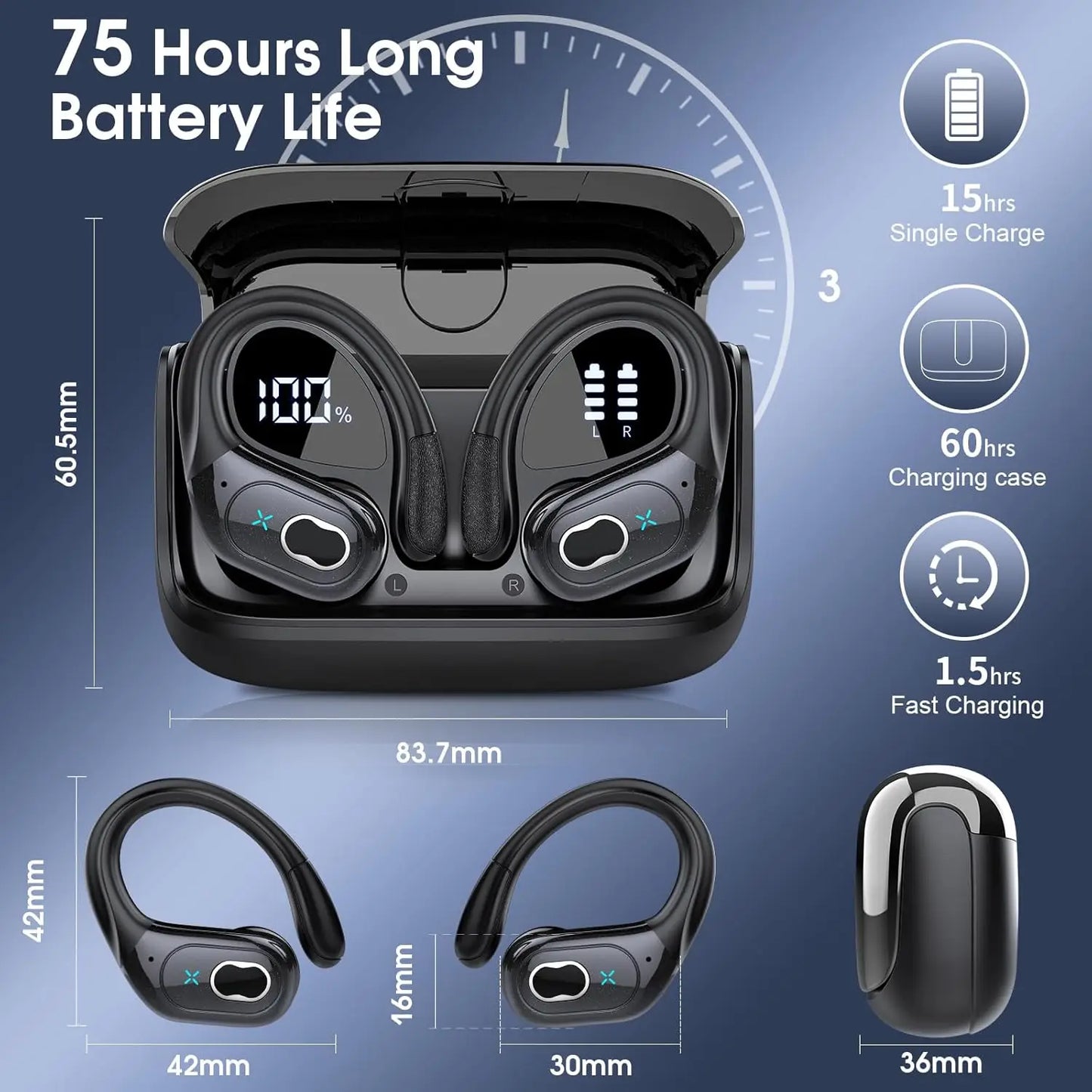 Wireless Earbuds With 75 Hours Playtime Bluetooth 5.4 IPX7