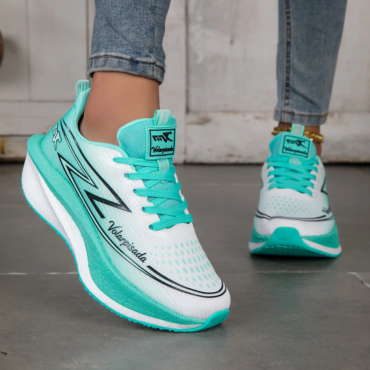 Women Gradient Lightning Print Running Sneakers Breathable Flying Weave Mesh Light Cushion Non Slip Shock Absorb Athletic Gym Jogging Sport Shoes