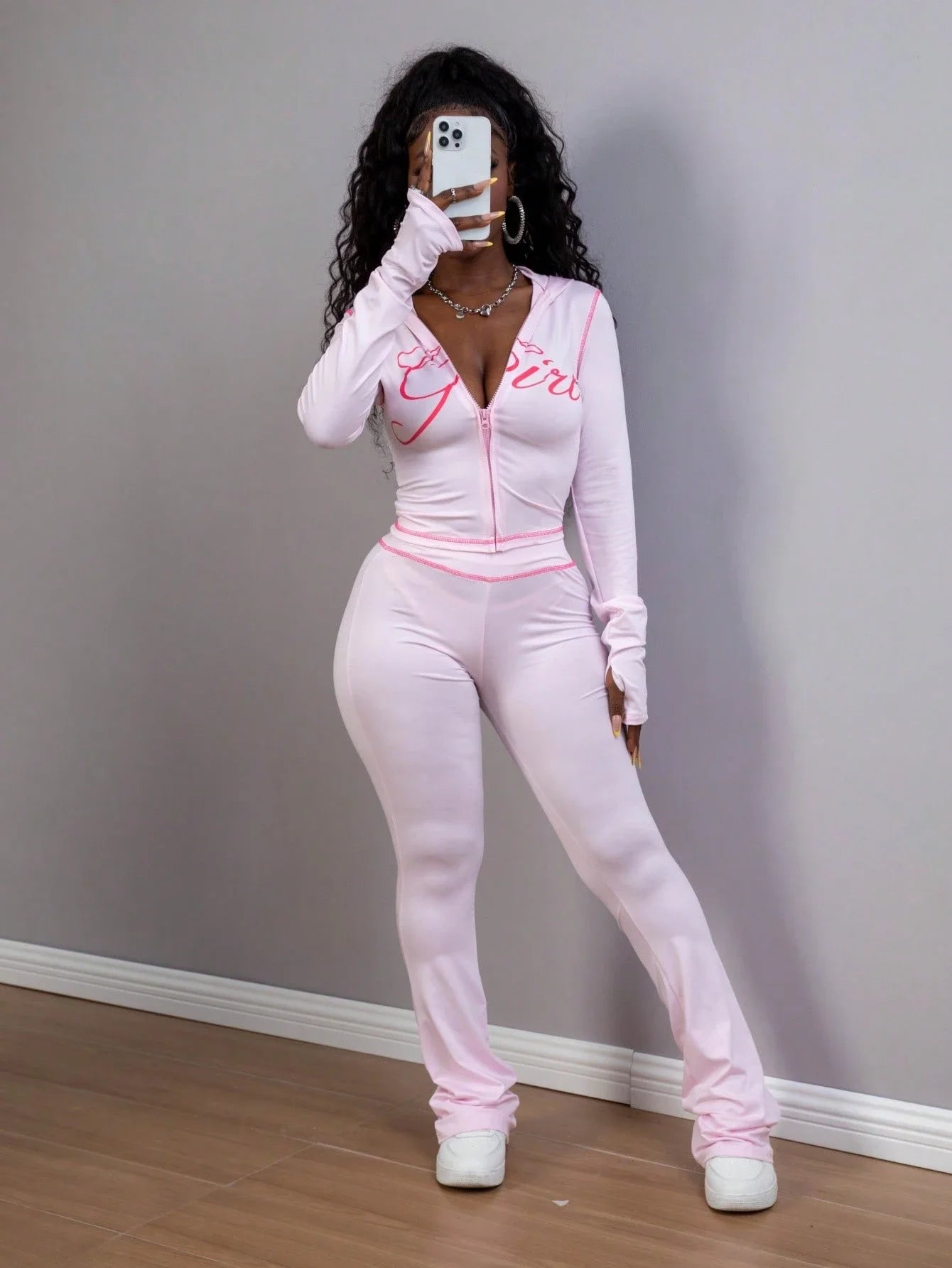 Women's Zip Up Hoodie And Pants Set With Graphic Print Streetwear Two Piece
