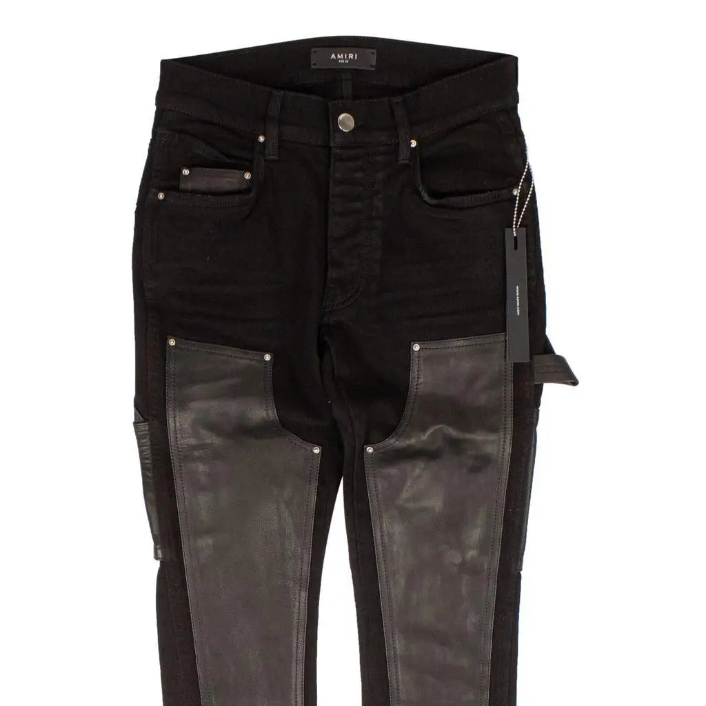 Amiri Men's Black Comfort Fit Breathable Sweatpants Sportswear Casual Active Wear Leather Trimmed