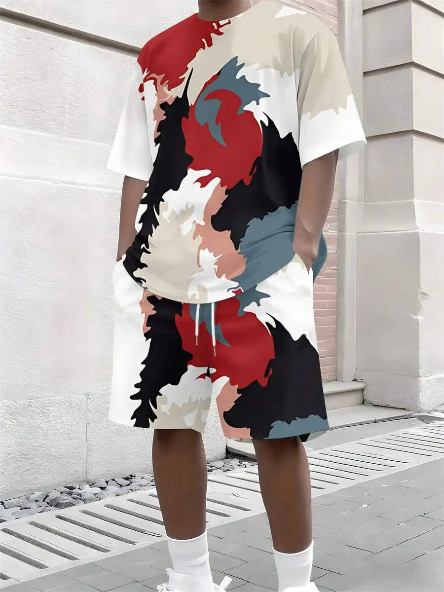 Mens Summer Two Piece Set With Abstract Print Breathable Sportswear