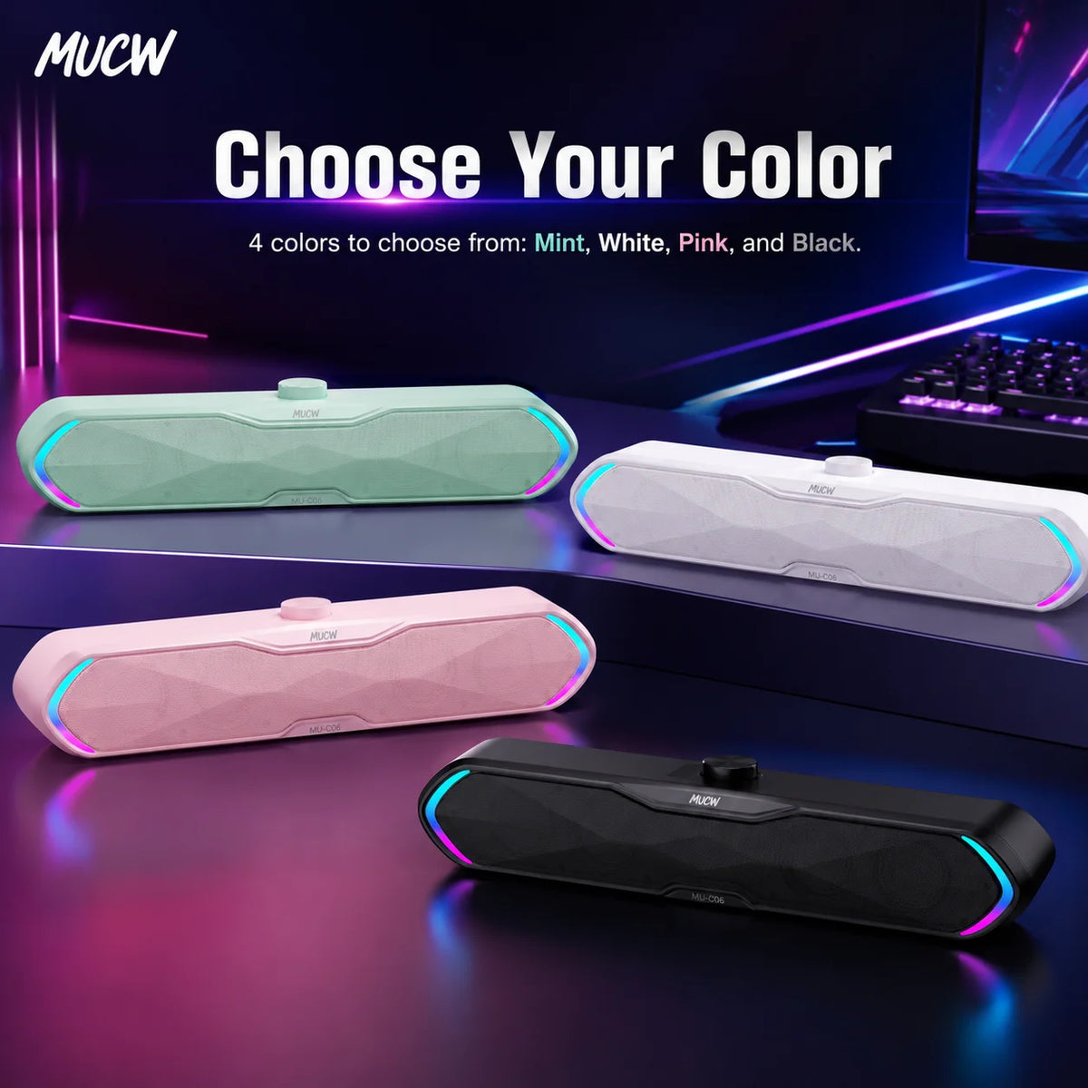 MUCW MU‑C06 PC Soundbar RGB Gaming Computer Speaker USB Plug Play Bluetooth 5.3 Sound Bar 6W Stereo Desktop Speaker for Laptop Mac Phone