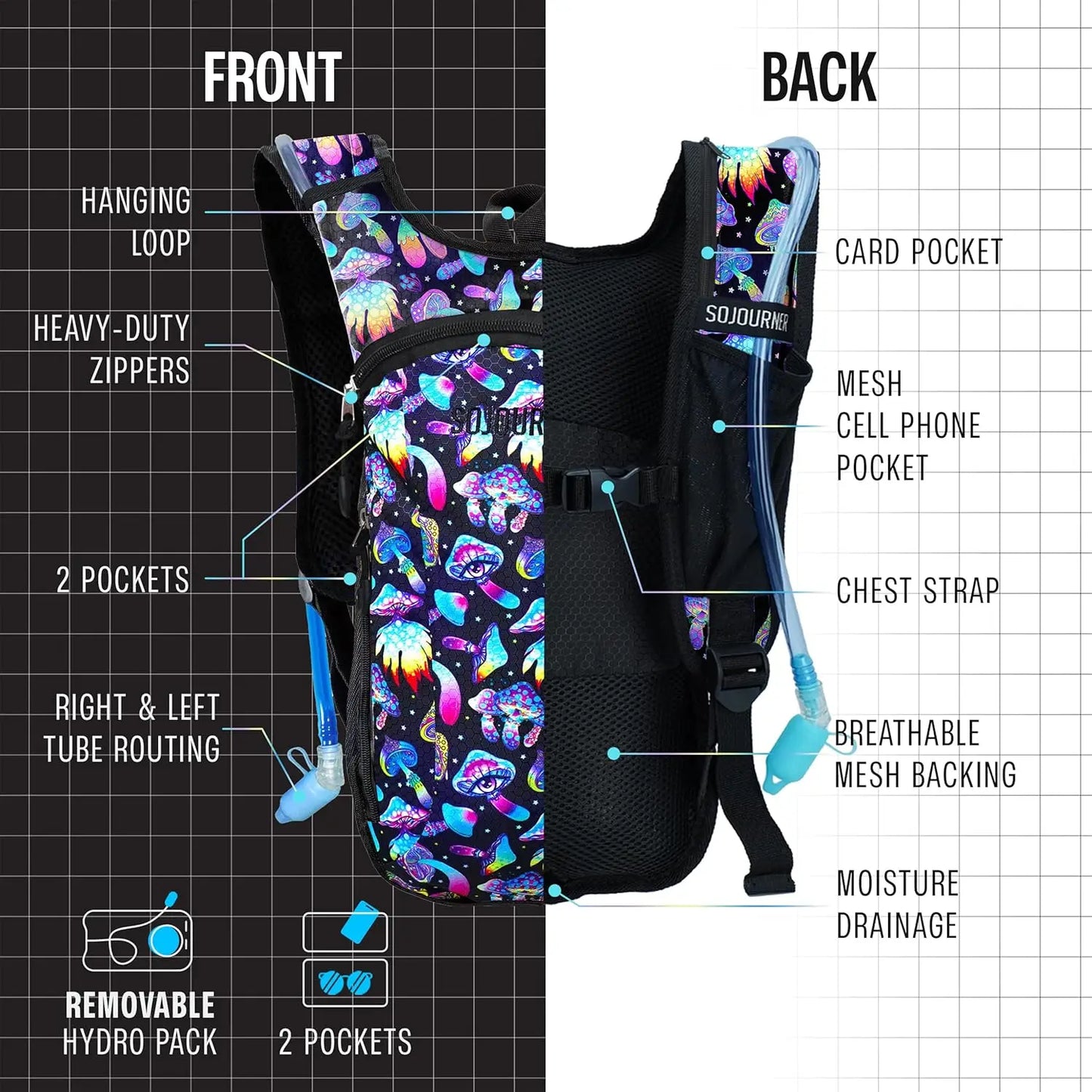 Hydration Backpack With 2L Bladder Leak Proof For Hiking Running Festivals