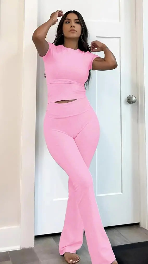 Women’s Two-Piece Yoga Set Short Sleeve Top And Flared Trousers