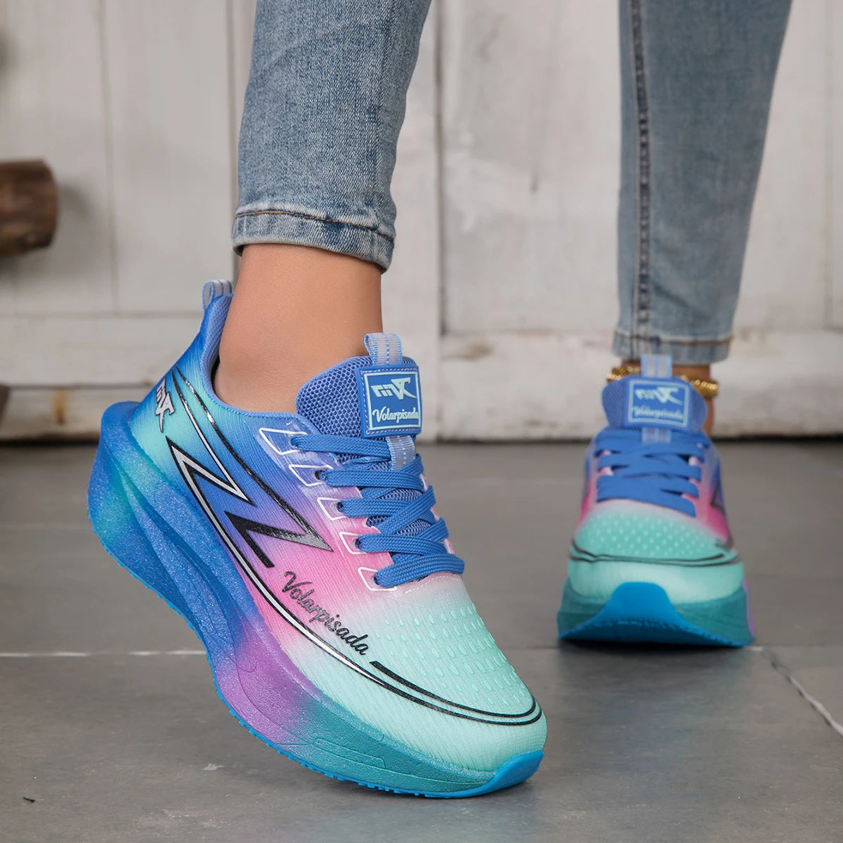 Women Gradient Lightning Print Running Sneakers Breathable Flying Weave Mesh Light Cushion Non Slip Shock Absorb Athletic Gym Jogging Sport Shoes