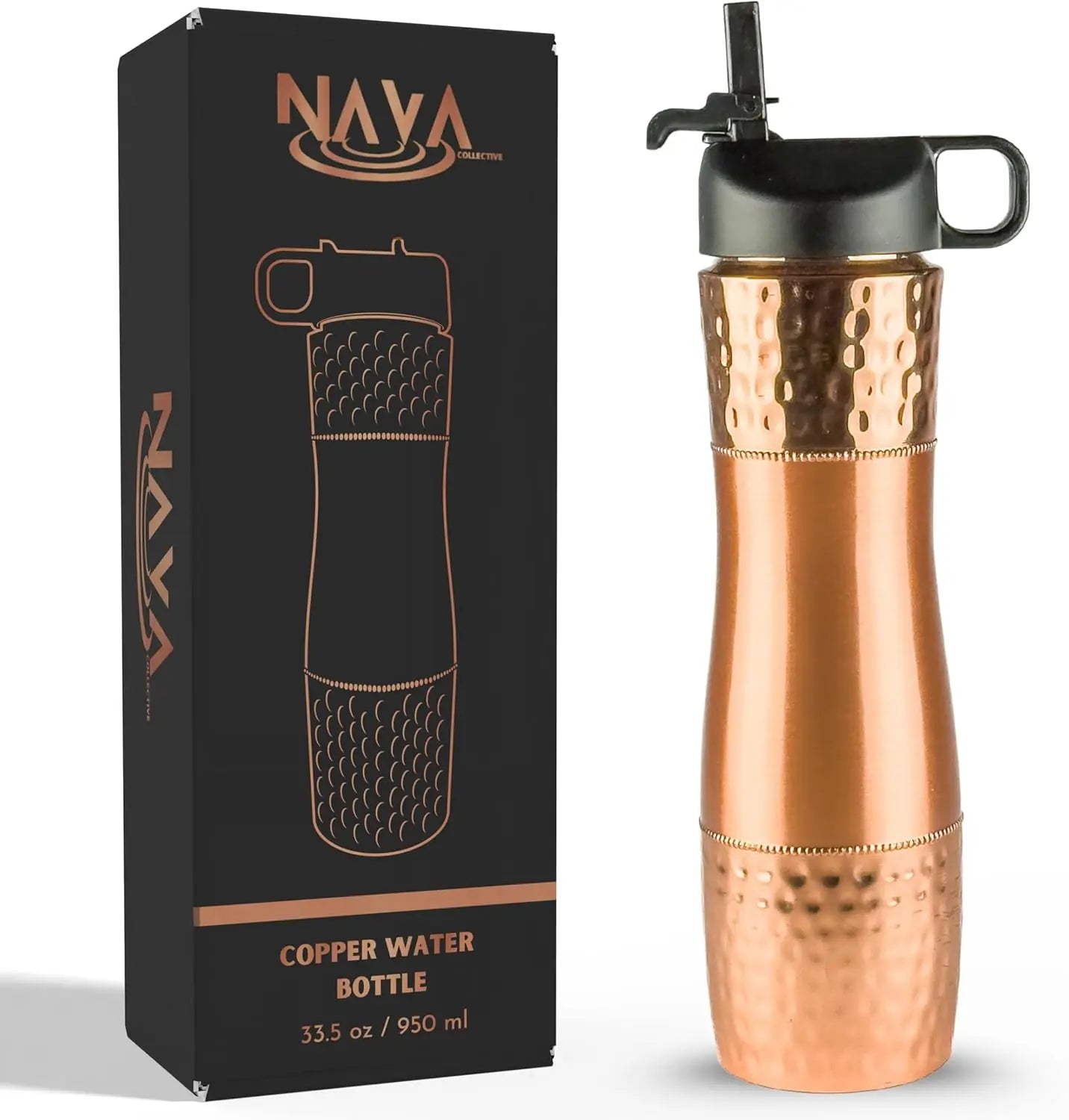 Copper Water Bottle with Straw and Sports Lid, 33.5oz (950ml), Leak-Proof Split Hammered Design Vessel for Daily Hydration, Ayur
