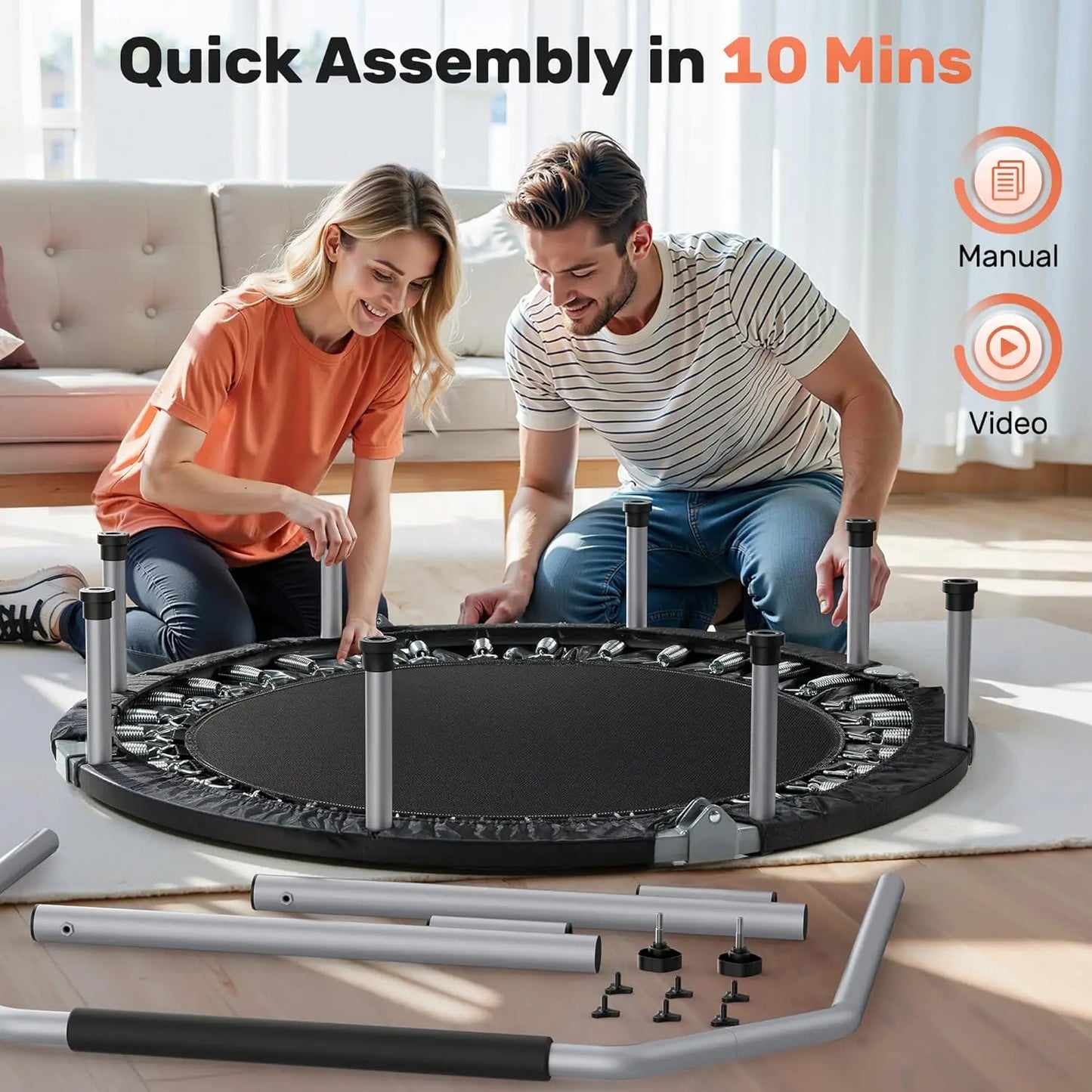 40/48“ Foldable Mini Trampoline with Adjustable Foam Handle Fitness Rebounder for Adults Max Load 440 Lbs Exercise Trampoline