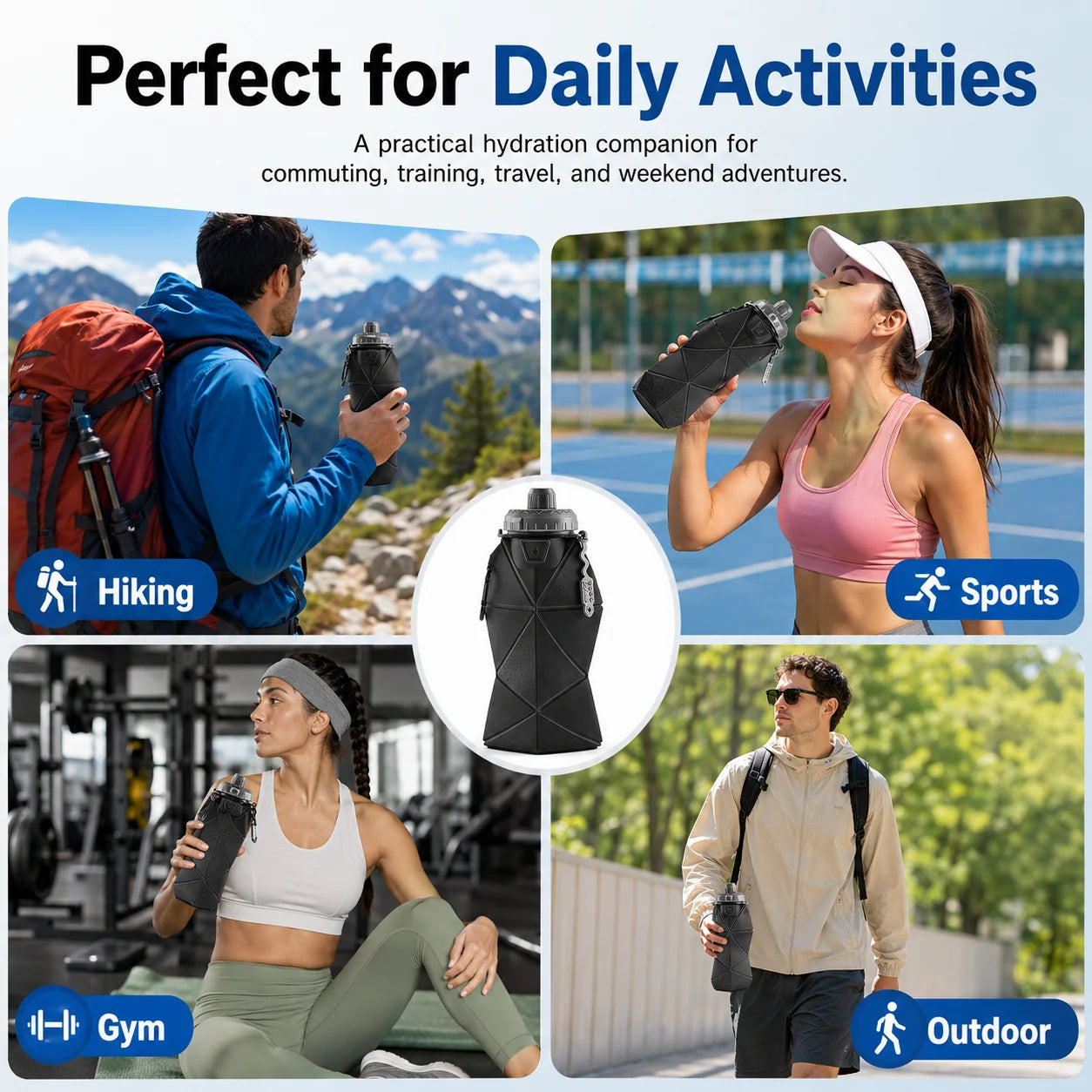 Foldable Silicone Water Bottle Leakproof Portable Sports Drinkware Reusable Camping Hiking Gym Travel Bottle with Handle