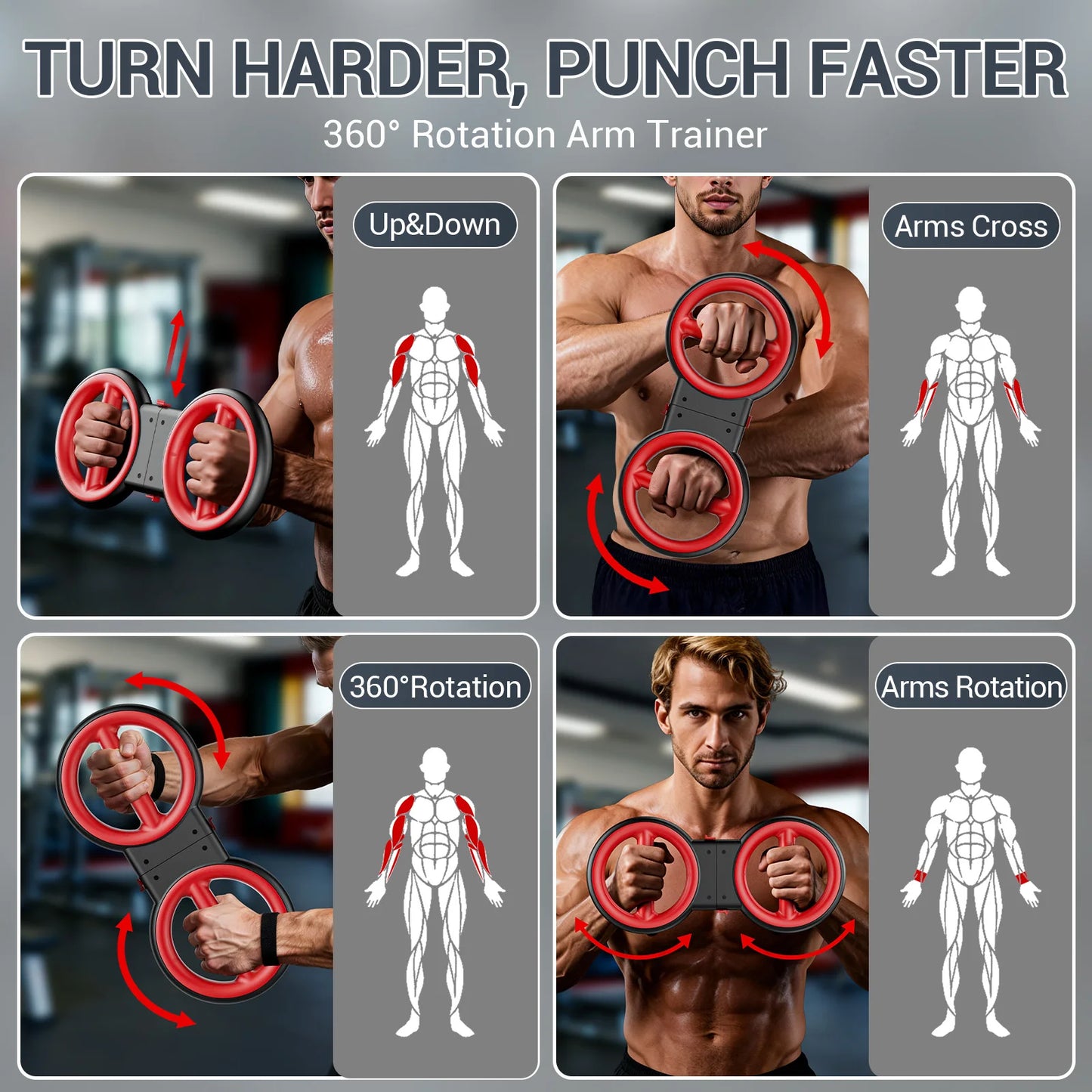 3-in-1 Upper Body Strength Trainer - Detachable Rotator Burn Machine, 360°Hand-Crank Forearm Trainer & Resistance Band, Portable Home/Gym Equipment for Men & Women