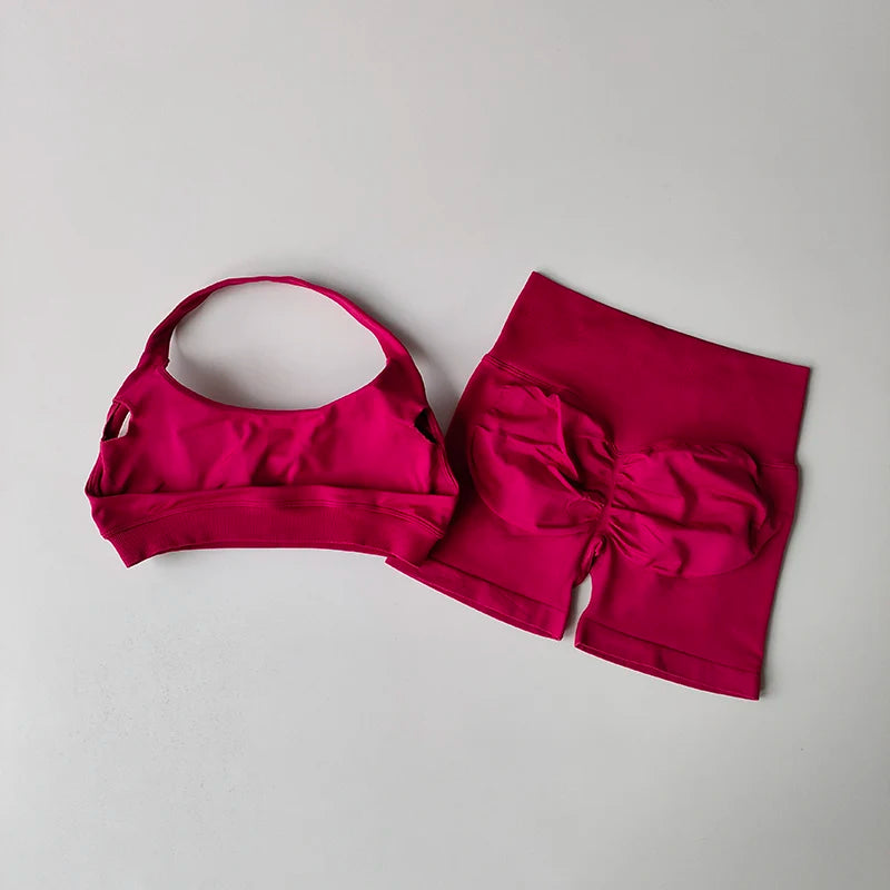 SKINOFSKIN Halter Neck Yoga Set With Sports Bra And Shorts