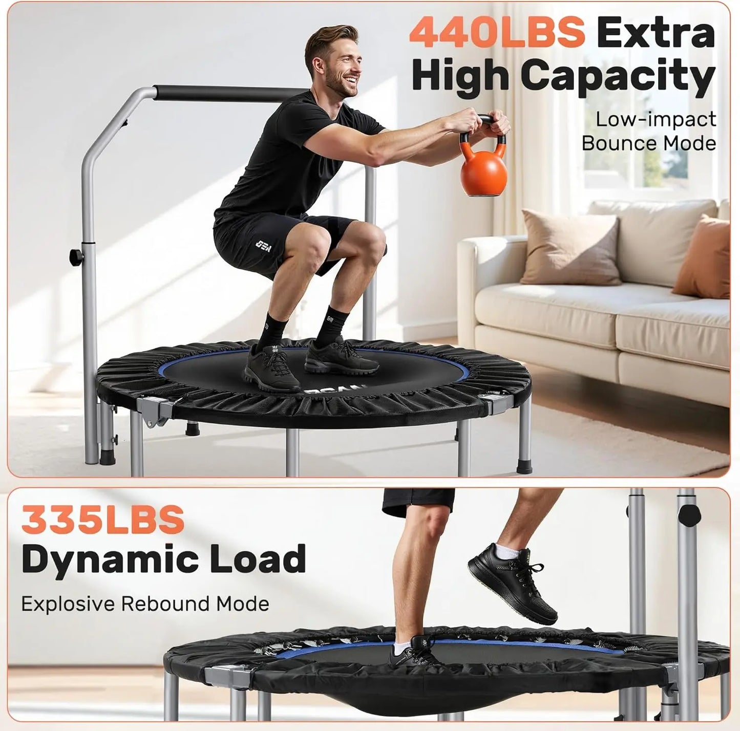 40/48“ Foldable Mini Trampoline with Adjustable Foam Handle Fitness Rebounder for Adults Max Load 440 Lbs Exercise Trampoline