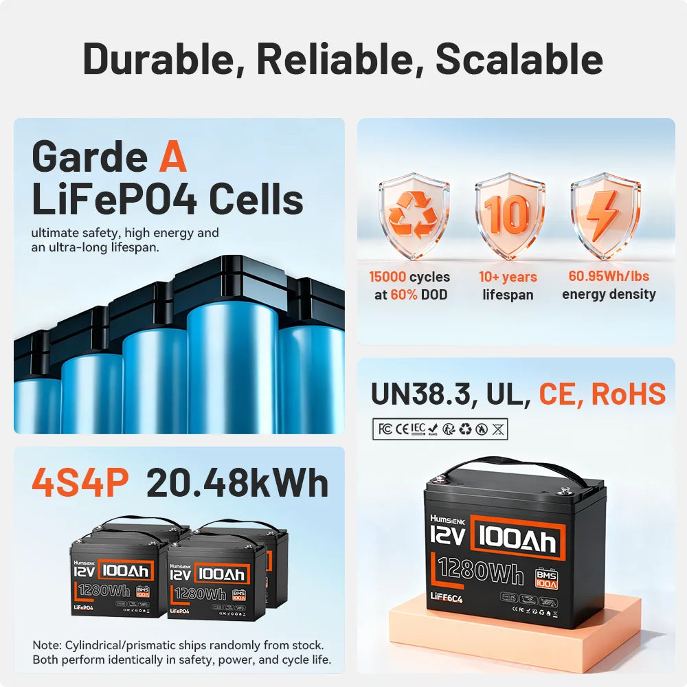 Humsienk 12V 100Ah 150Ah 200Ah 314Ah LiFePO4 Battery Built-in BMS Low Temperature Protection For  RV/ Camp/ Solar Energy Storage
