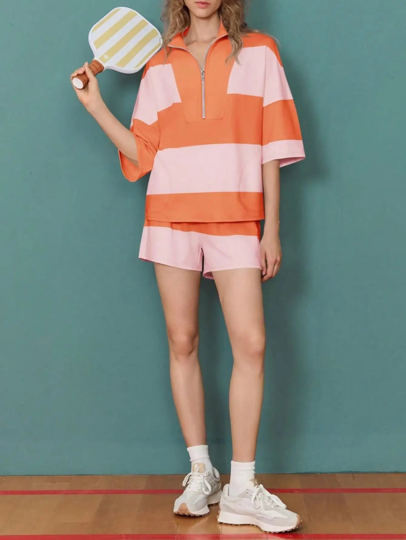 Fisoew Casual Y2K Colorblock Half Zip Sweatshirt & High Waisted Shorts Set | 2025 Tracksuit Gym Wear Lounge Tennis Aesthetic Set