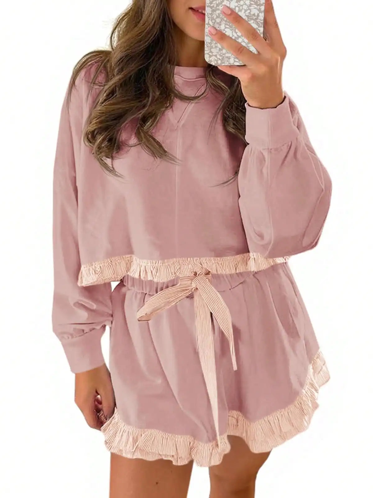 Fisoew Women's Y2K Aesthetic Lounge Set Prairie Chic Ruffle Trim Cropped Sweatshirt Drawstring Shorts