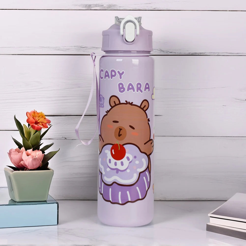 700ml Capybara Cute Water Cup with Straw & Handle Portable Drinking Bottle Large Capacity Kawaii Water Bottle for Fitness Sports