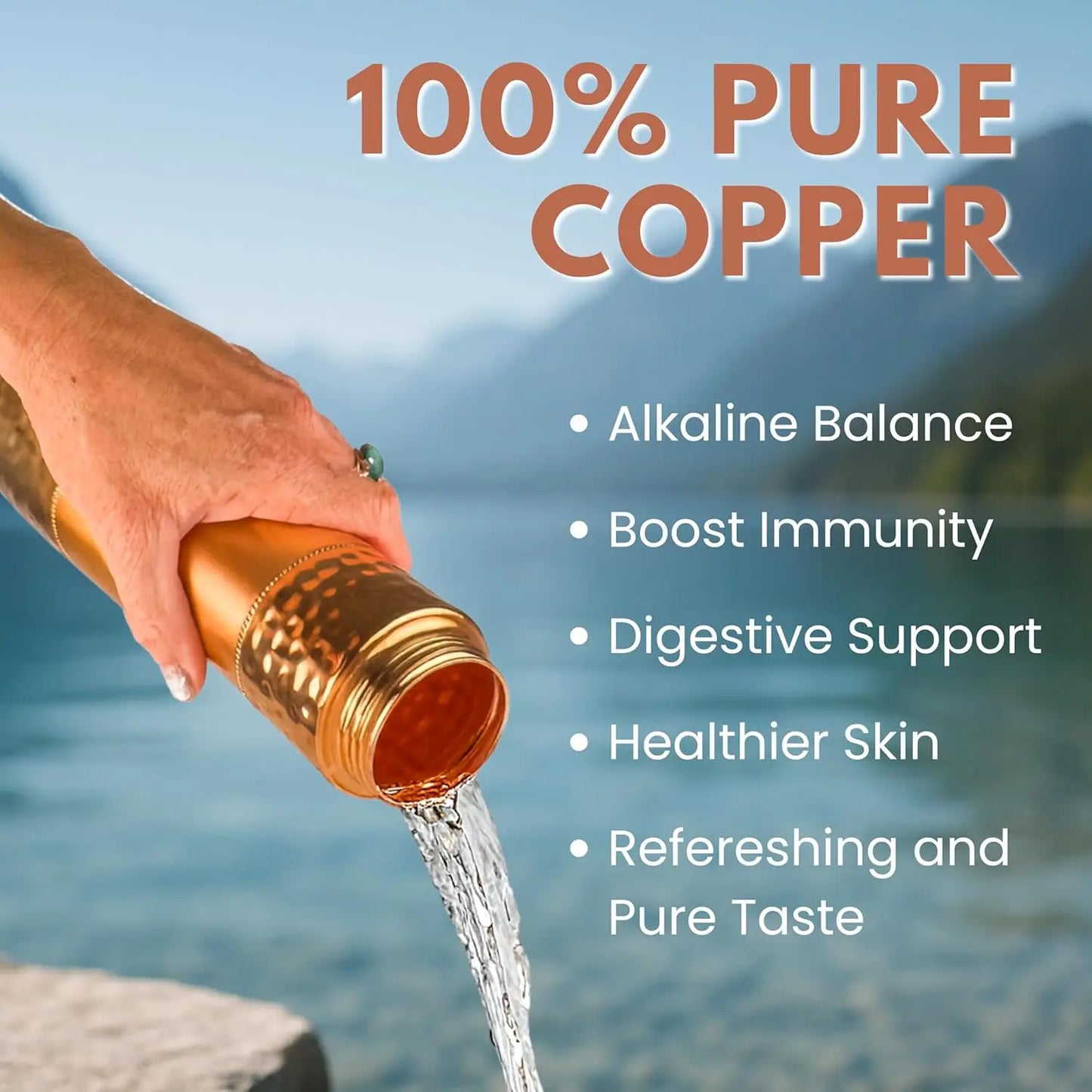 Copper Water Bottle with Straw and Sports Lid, 33.5oz (950ml), Leak-Proof Split Hammered Design Vessel for Daily Hydration, Ayur