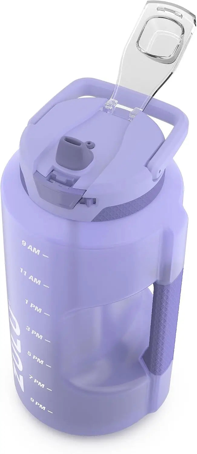 Large 128oz Half Gallon Plastic Water Bottle with Straw and Time Marker, Reusable Jug with Handle, Leak Proof Lid, for All Day H