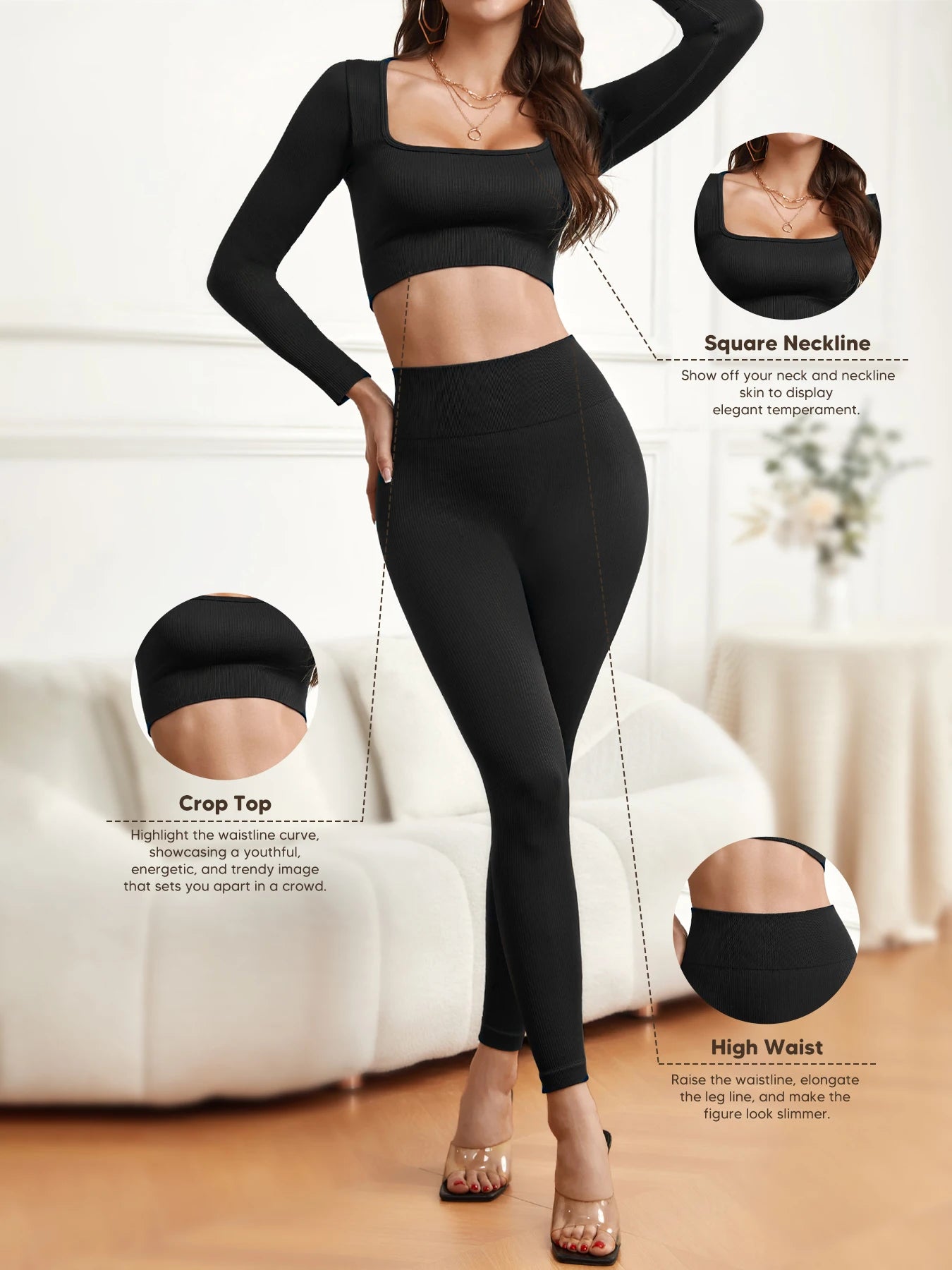 Women Workout Sets 2 Pieces Long Sleeve Yoga Outfits Gym Clothes Seamless Ribbed Crop Top High Waist Leggings