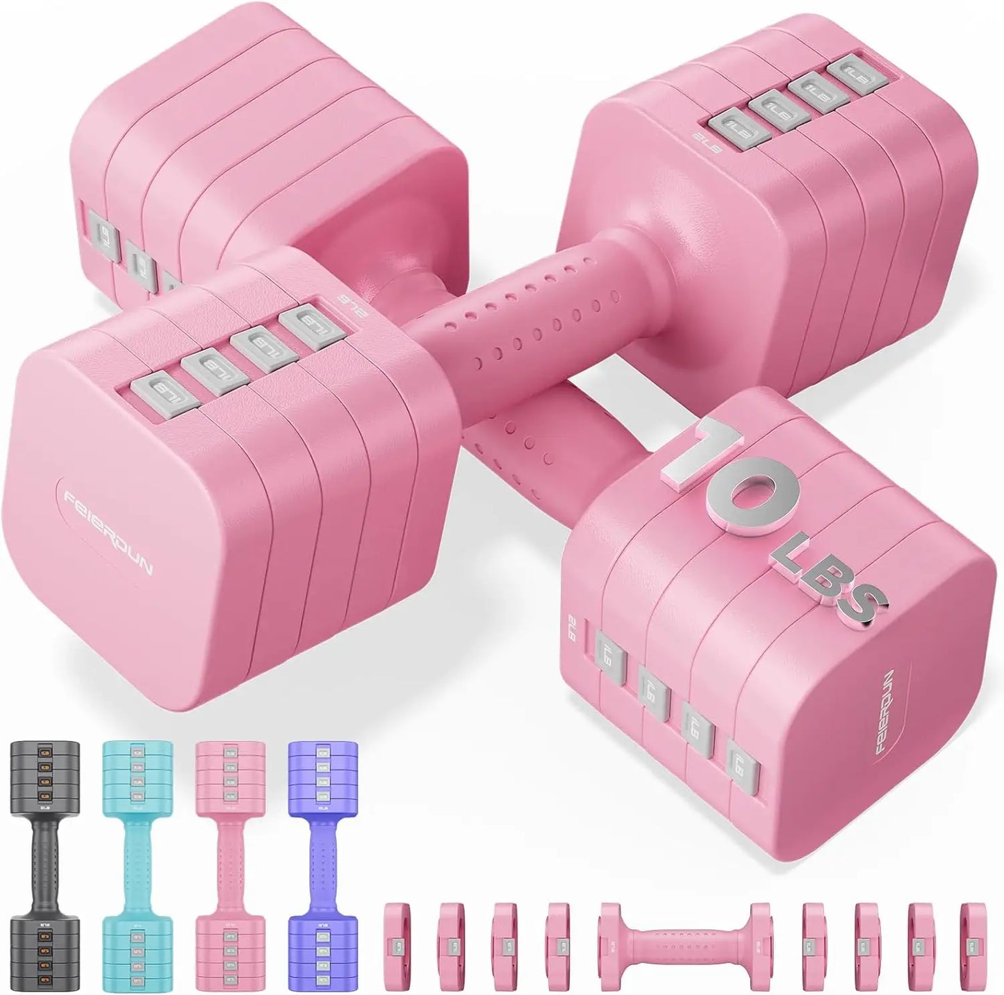 FEIERDUN 5-in-1 Adjustable Dumbbells Set of 2, 20LBS Dark Grey Hand Weights, Fast Adjust Dual Stable Dumbbells for Home Gym